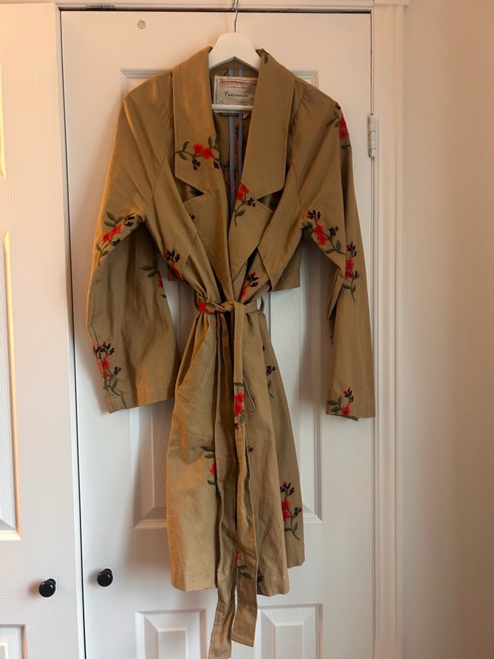 Anthropologie Floral Embroidered Tan Trench Coat